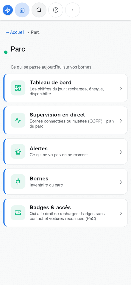 Espace Parc de l’application Caly-Bornes sur téléphone : tableau de bord, supervision, alertes, bornes et badges